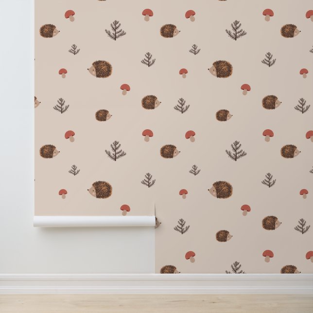 Cute Woodland Hedégel & Mushroom Pattern Behang (Applicatie)