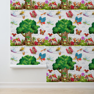 Cute Woodland Insects & Frog Treehouse Kids Behang