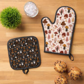 Cute Woodland Mushroom Pattern Hot Pot Holders Ovenwant & Pannenlap Set (Top down)