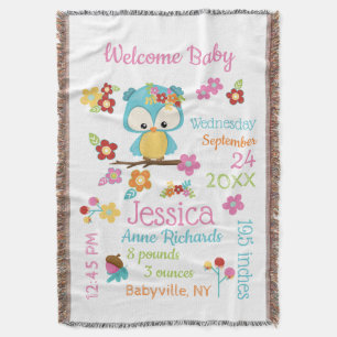 Cute Woodland Owl Baby Girl Birth Record Stats Deken