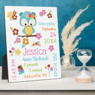 Cute Woodland Owl Baby Girl Birth Record Stats Fotoplaat