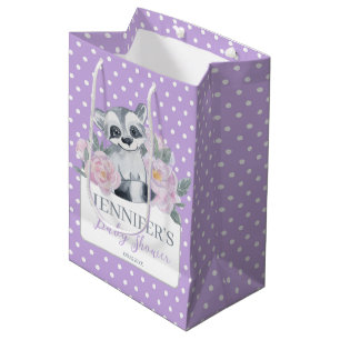 Cute Woodland Raccoon Paars Polkadot Baby shower Medium Cadeauzakje