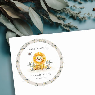 Cute Woodland Waterverf Lion Foliage Baby shower Ronde Sticker