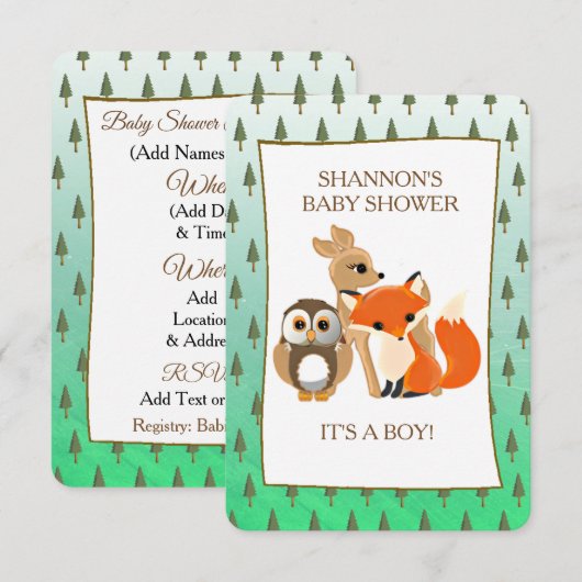 Cute Woodlands Animaux Fox Baby shower Invitation (Devant / Derrière)