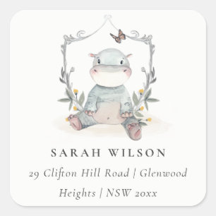 Cute Yellow Baby Hippo Foliage Ballonadres Vierkante Sticker