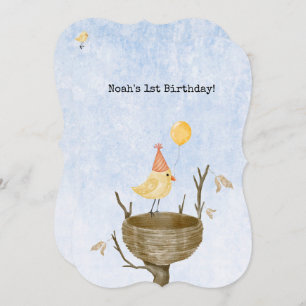 Cute Yellow Bird With Balloon Birthday Invitation