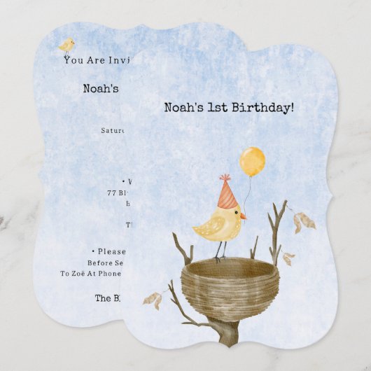 Cute Yellow Bird With Balloon Birthday Invitation Kaart (Voorkant / Achterkant)