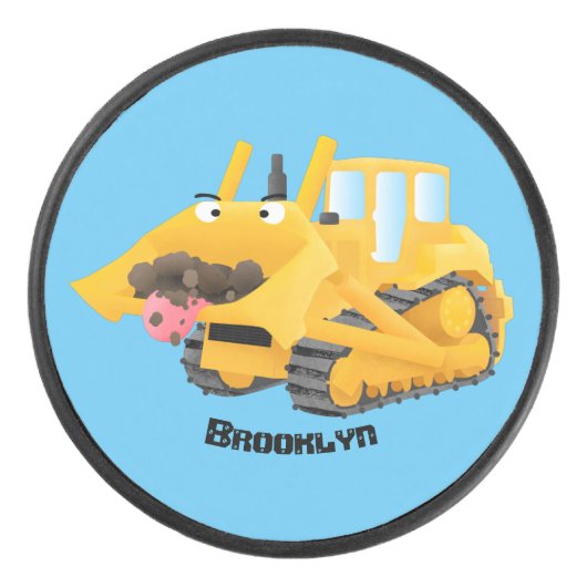 Cute yellow bulldozer cartoon hockey puck (Voorkant)