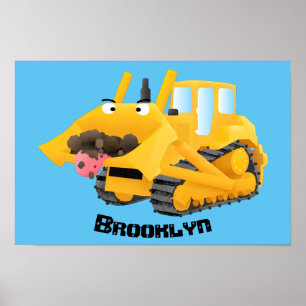 Cute yellow bulldozer cartoon poster