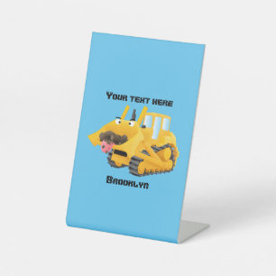 Cute yellow bulldozer cartoon reclamebord met voetstuk