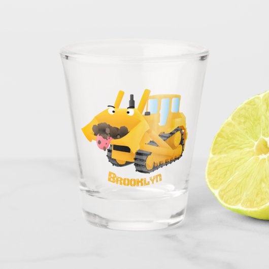 Cute yellow bulldozer cartoon shot glas (Voorkant)