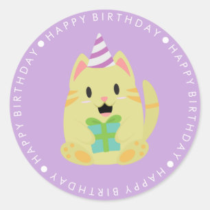 Cute Yellow Cat Happy Birthday Ronde Sticker