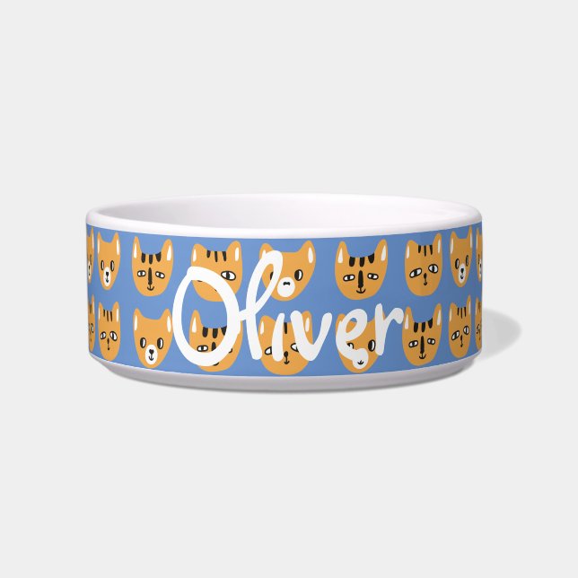 Cute Yellow Cat Head Pattern  Name Bow Voerbakje (Voorkant)
