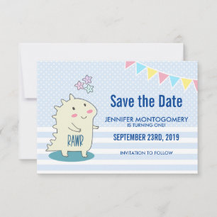 Cute Yellow Dinosaur met Happy Stars Birthday Save The Date
