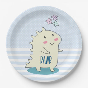 Cute Yellow Dinosaur met Happy Stars Papieren Bordje