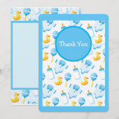 Cute Yellow Duck Blue Baby shower Bedankkaart (Voorkant / Achterkant)