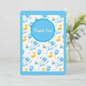 Cute Yellow Duck Blue Baby shower Bedankkaart (Staand voorkant)