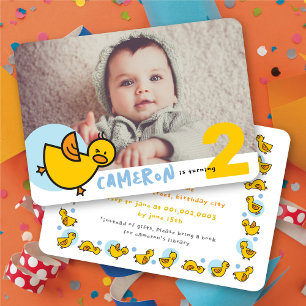 Cute Yellow Duckies Blue Photo Boy Birthday Party Kaart