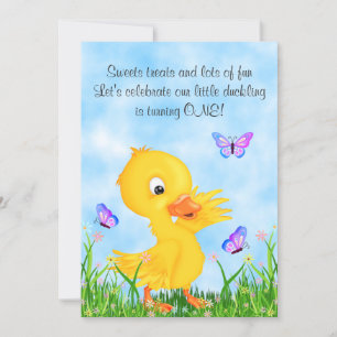 Cute Yellow Ducking and Butterflies 1ste verjaarda Kaart