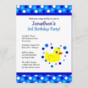 Cute Yellow Ducky Blue Polka Dots Birthday Invite Kaart