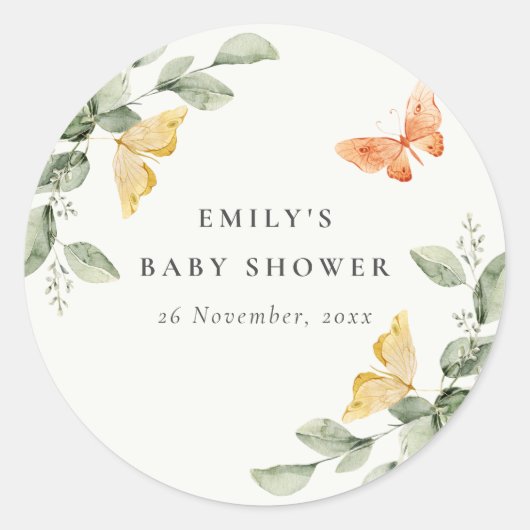 Cute Yellow Garden Foliage Butterflies Baby shower Ronde Sticker (Voorkant)