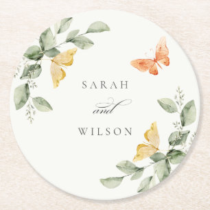 Cute Yellow Garden Foliage Butterflies Wedding Ronde Kartonnen Onderzetter