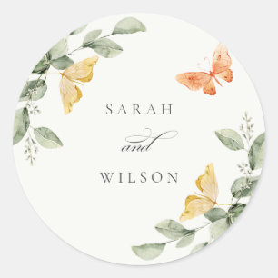 Cute Yellow Garden Foliage Butterflies Wedding Ronde Sticker