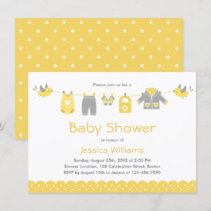 Cute Yellow Grey Clothes   Neutraal Baby shower Kaart