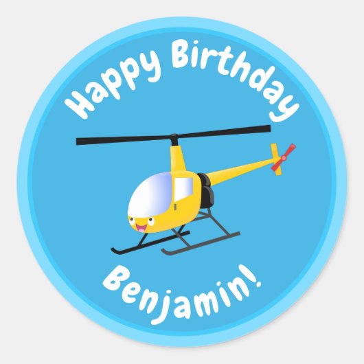 Cute yellow happy cartoon helikopter ronde sticker (Voorkant)