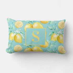 Cute Yellow Lemon Pattern op Light Blue Monogram Kussen