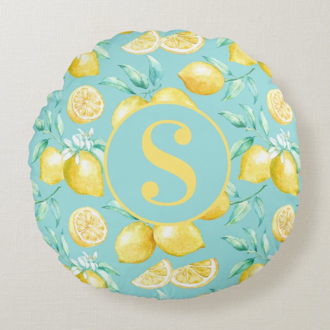 Cute Yellow Lemon Pattern op Light Blue Monogram Rond Kussen (Voorkant)