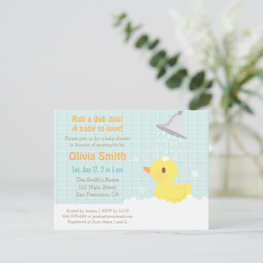 Cute Yellow Rubber Ducky Baby Shower Invitations (Debout devant)
