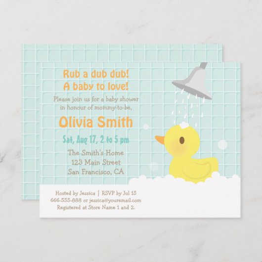Cute Yellow Rubber Ducky Baby Shower Invitations (Devant / Derrière)
