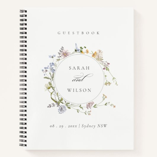 Cute Yellow Rustic Meadow Floral Wreath Wedding Notitieboek (Voorkant)