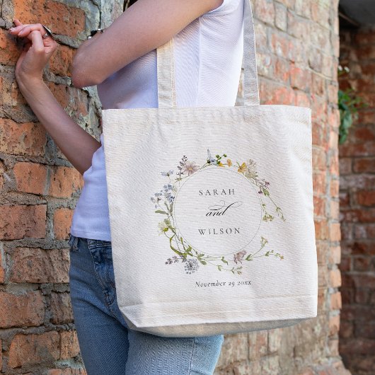 Cute Yellow Rustic Meadow Floral Wreath Wedding Tote Bag