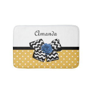 Cute Yellow Stippen Blue Roos Chevron Bow met naam Badmat
