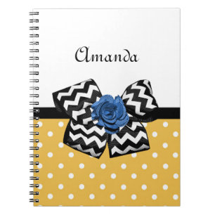 Cute Yellow Stippen Blue Roos Chevron Bow met naam Notitieboek