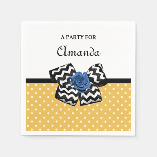 Cute Yellow Stippen Blue Roos Chevron Bow met naam Servetten (Voorkant)