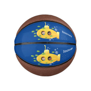 Cute yellow submarine fish cartoon illustration basketbal