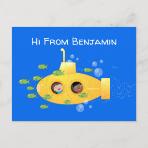 Cute yellow submarine fish cartoon illustration briefkaart