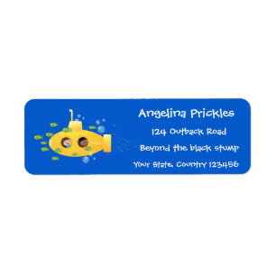 Cute yellow submarine fish cartoon illustration etiket