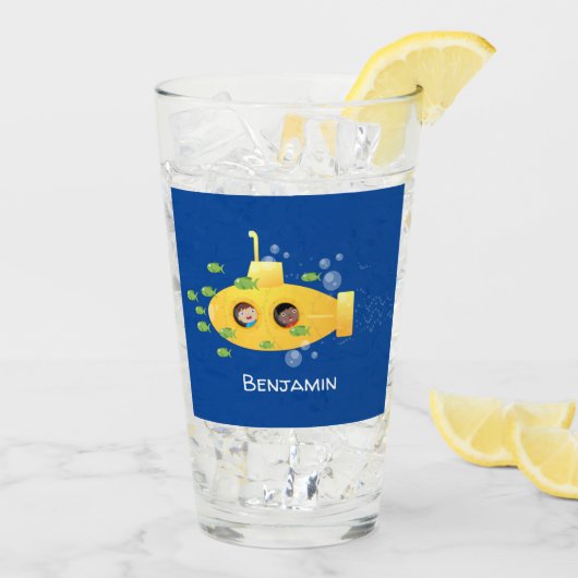 Cute yellow submarine fish cartoon illustration glas (Achterkant ijs)