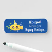 Cute yellow submarine fish cartoon illustration naamplaatje (In situ)