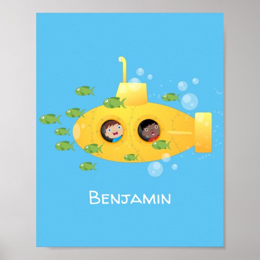 Cute yellow submarine fish cartoon illustration poster (Voorkant)