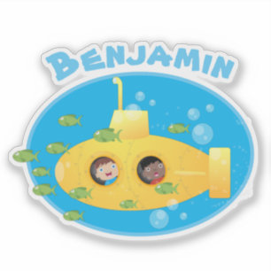 Cute yellow submarine fish cartoon illustration sticker