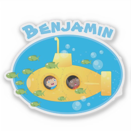 Cute yellow submarine fish cartoon illustration sticker (Voorkant)