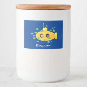 Cute yellow submarine fish cartoon illustration voedselcontainer etiket