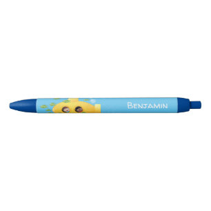 Cute yellow submarine fish cartoon illustration zwarte inkt pen