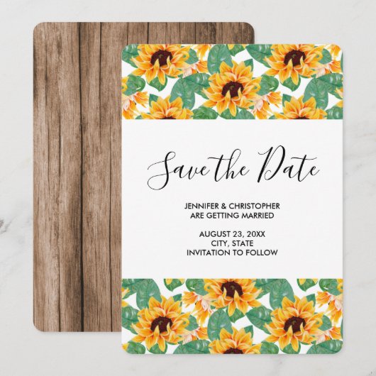 Cute Yellow Sunflower & Leaves Pattern Wedding Save The Date (Voorkant / Achterkant)