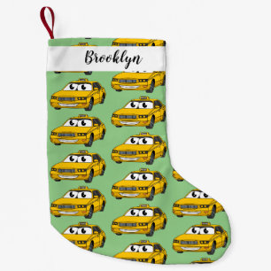 Cute yellow taxiplezier cartoon illustratie kleine kerstsok